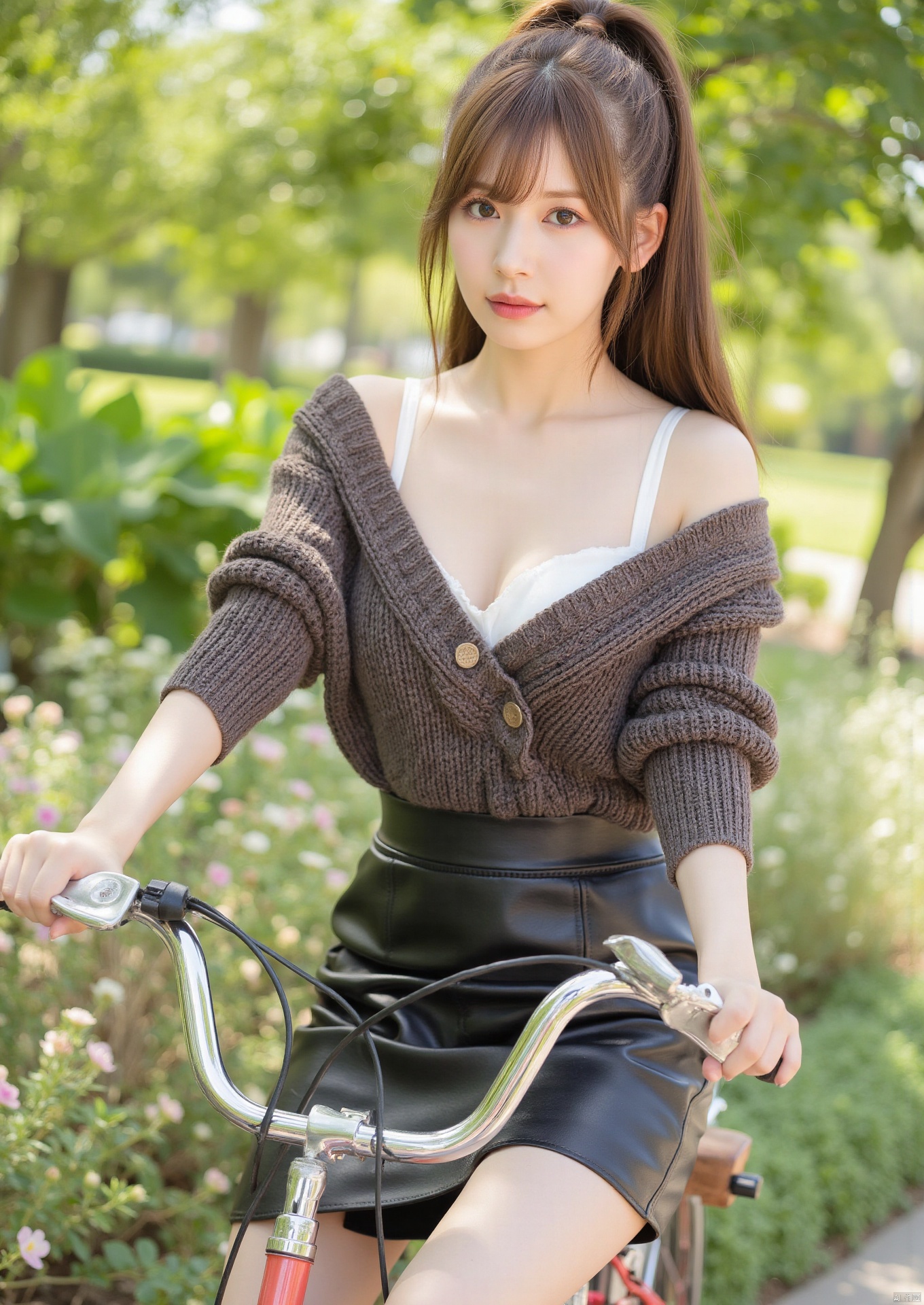 Realistic photo, 1girl, big eyes, ponytail, fair skin, huge breasts, off shoulder sweater, short leather skirt, upper body, park, flowers, (riding a bicycle),