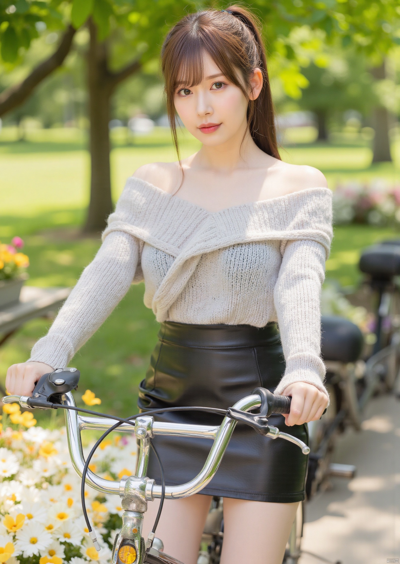 Realistic photo, 1girl, big eyes, ponytail, fair skin, huge breasts, off shoulder sweater, short leather skirt, upper body, park, flowers, (riding a bicycle),