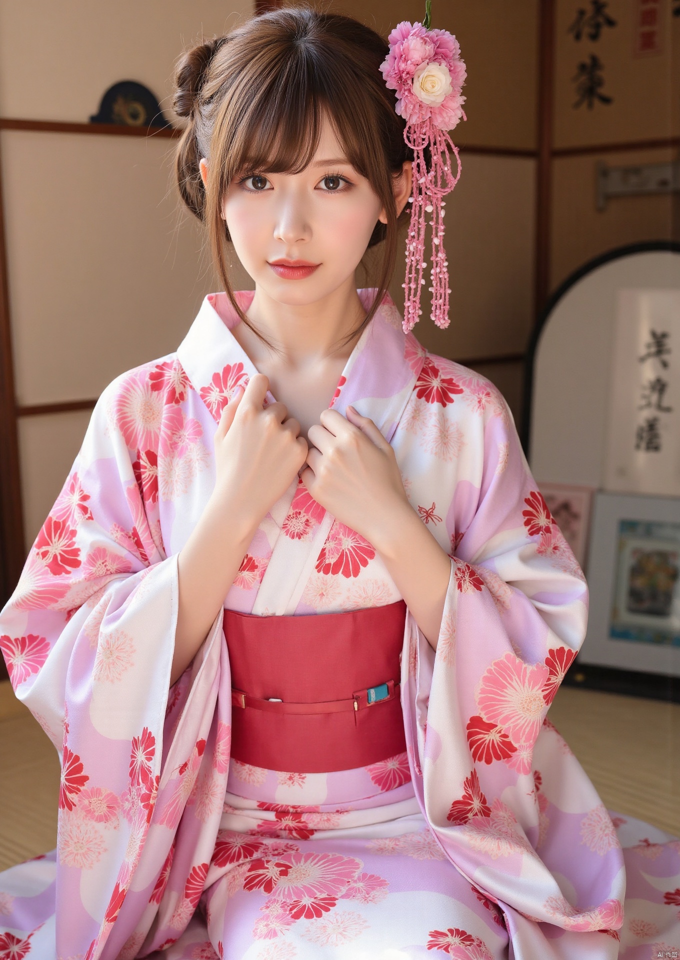 Realistic photos, 1girl, fair skin, big breasts, oiran headdress, (wearing Japanese kimono), beautiful and sexy, upper body, Japanese scene,