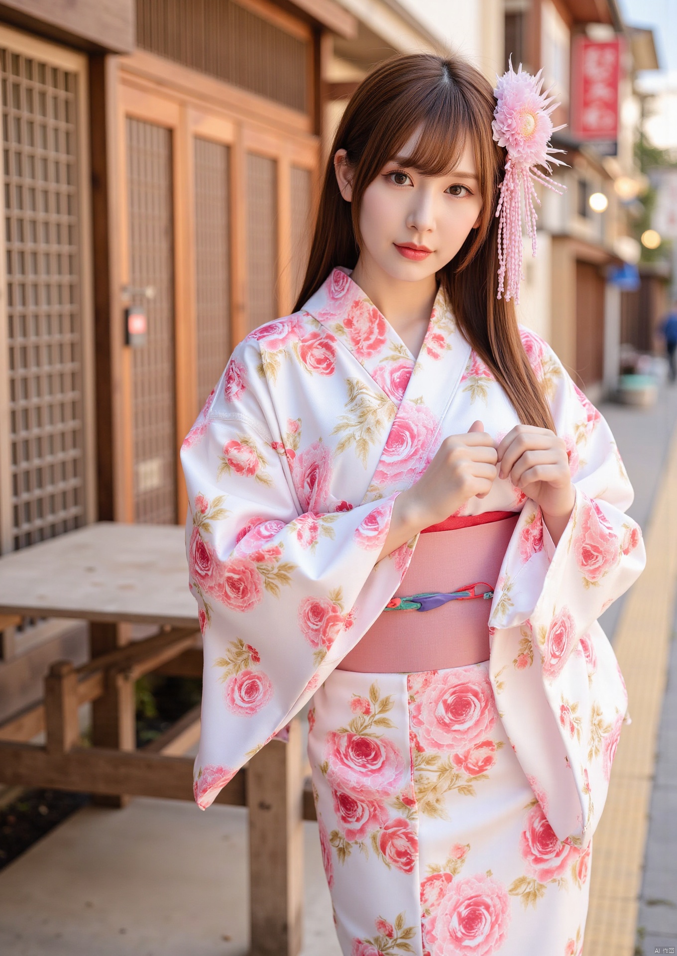 Realistic photos, 1girl, fair skin, big breasts, oiran headdress, (wearing Japanese kimono), beautiful and sexy, upper body, Japanese scene,