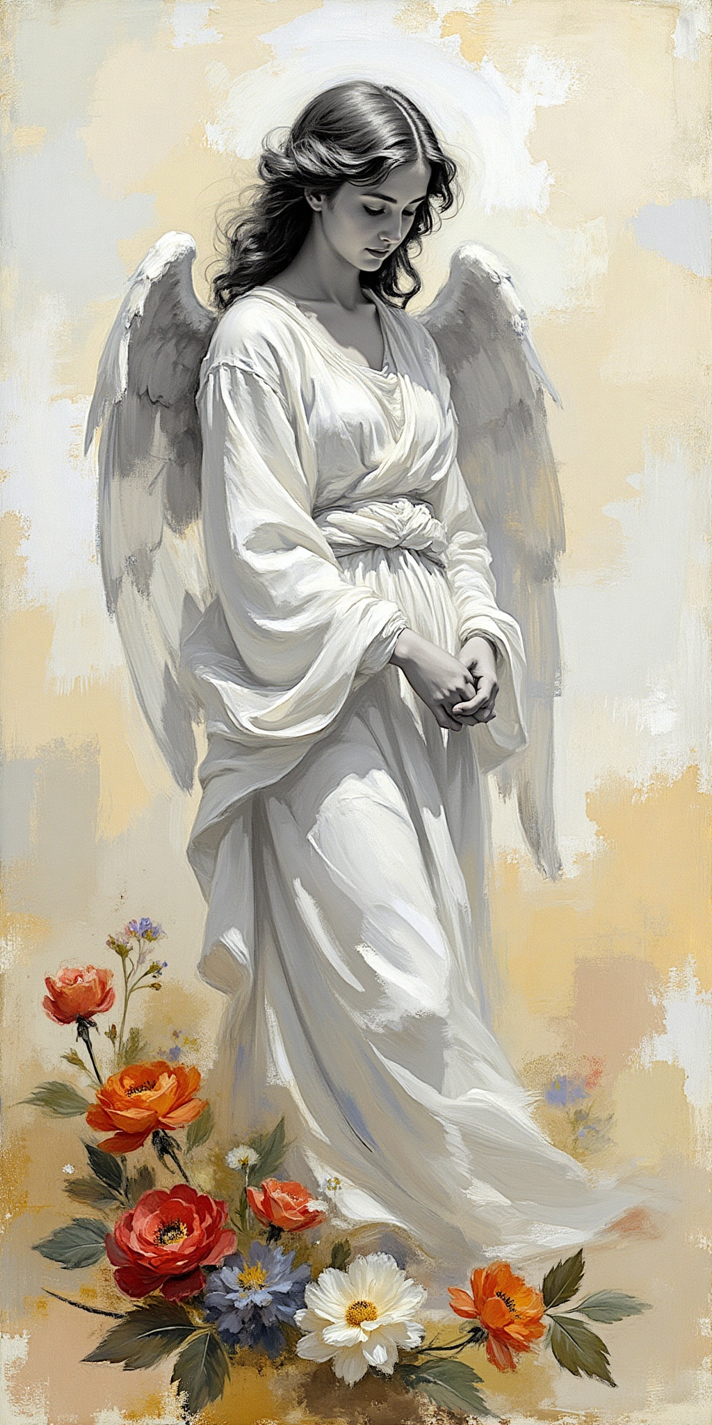 "A vintage-style black-and-white watercolor artwork of an angelic figure with wings,  standing gracefully amidst softly bl...