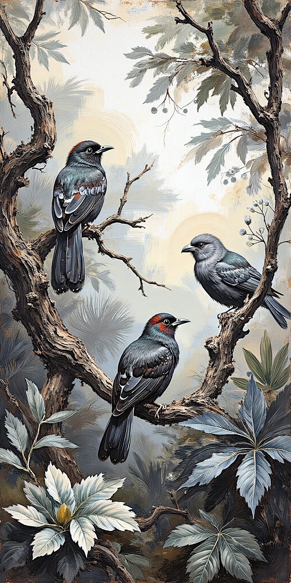 "A vintage-style black-and-white watercolor illustration of two birds perched amidst twisted branches and dense jungle fol...