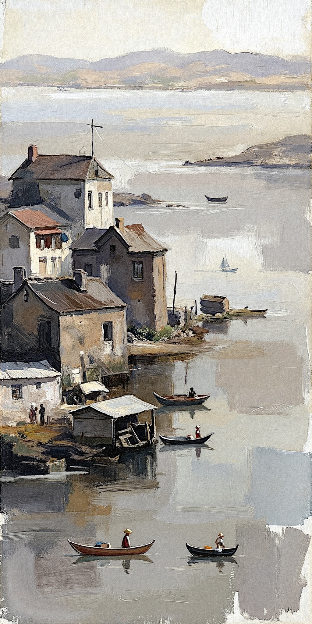 "A vintage-style black-and-white watercolor artwork capturing a tranquil waterfront town with historical buildings,  small...