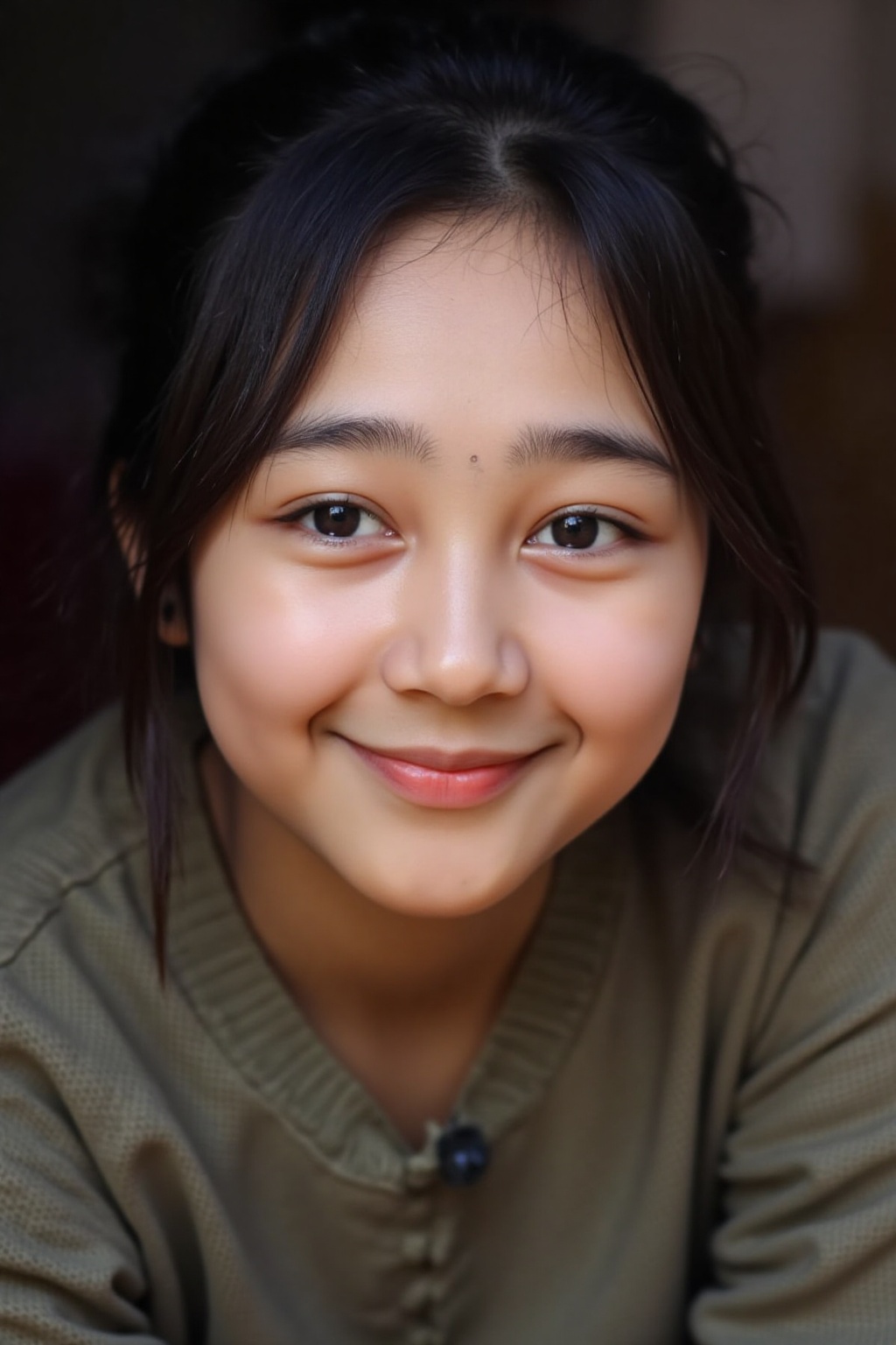A close-up photo of sarti,  A young asian woman. She is looking at the viewer with bright and loving eyes,  grin with her...
