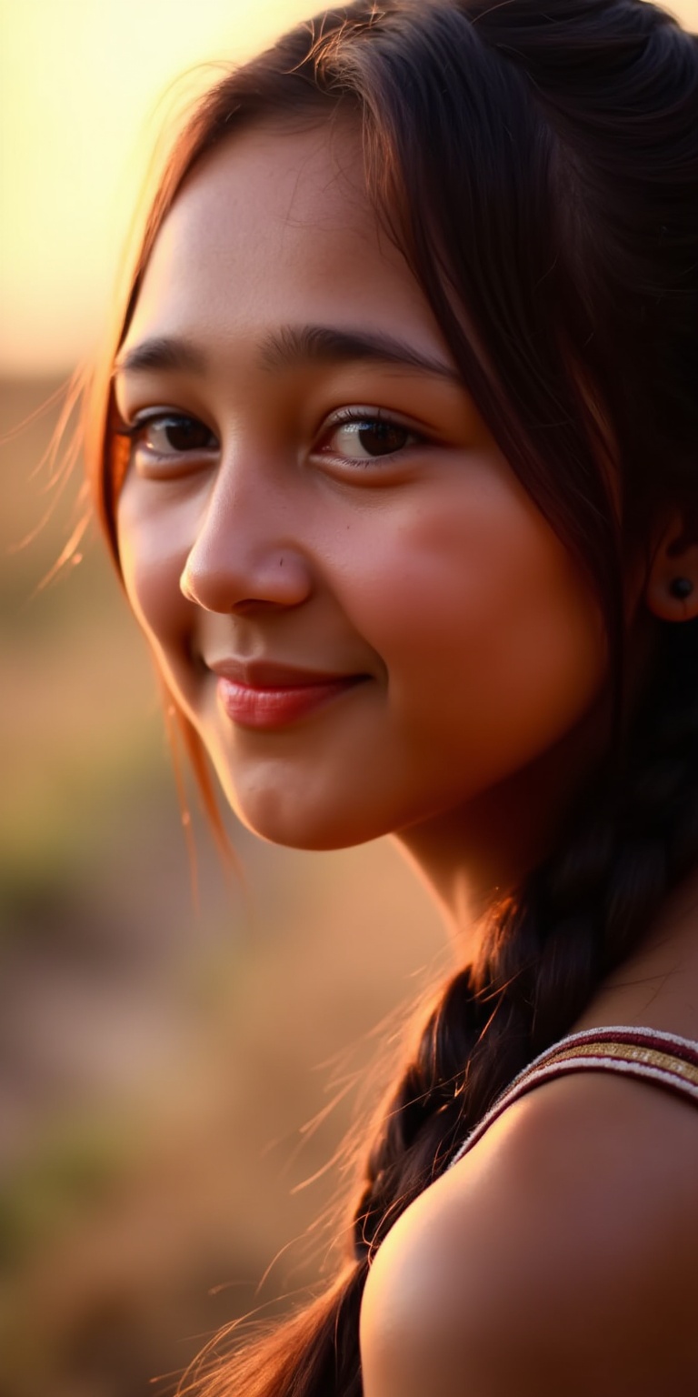 A close-up of a woman sarti with natural grace,  her face turned slightly to the side,  her features highlighted by soft o...