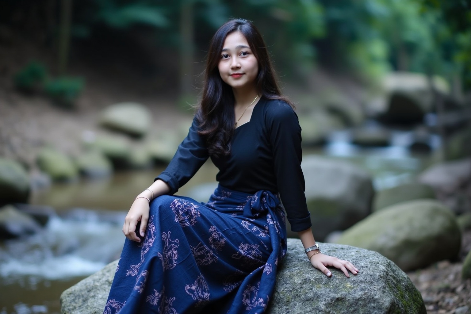 a photorealistic upperbody of sarti,  a young asian woman is seated on a rock,  her gaze directed towards the viewer. She...