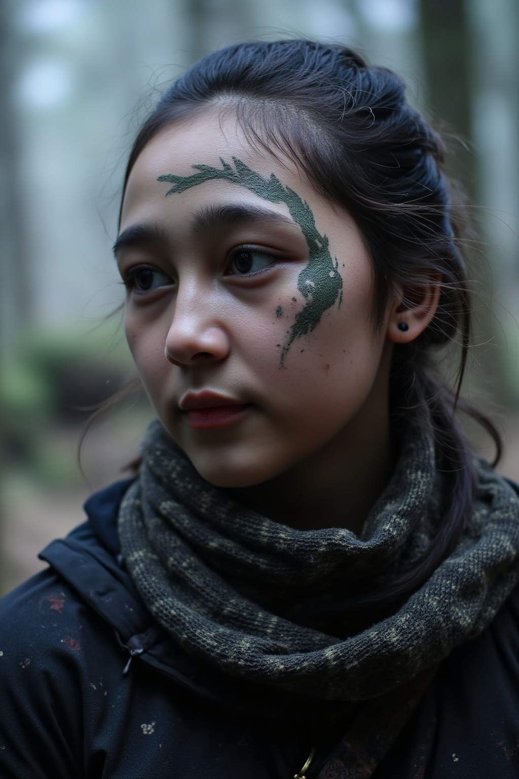 Grainy close-up of a sarti 18 year old,  Celt female warrior with face paint in wind and snow in a photograph by Andrea Li...