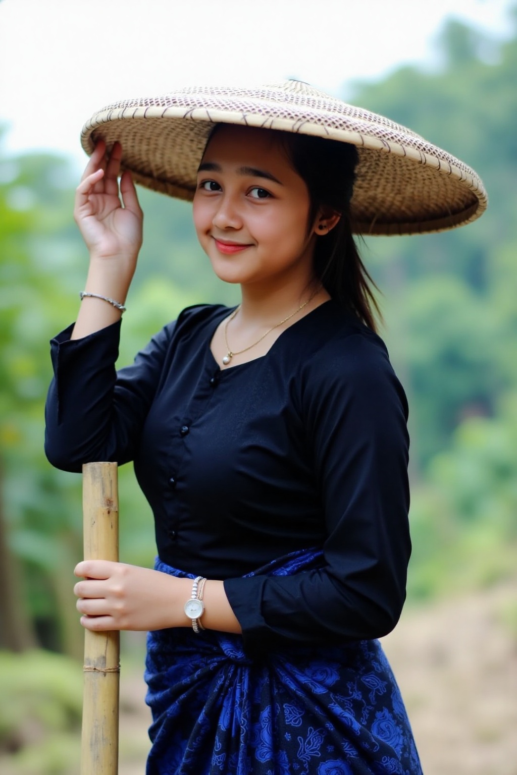 sarti,  A woman stands with a smile on her face,  holding a bamboo stick in her right hand. She is wearing a straw hat on...