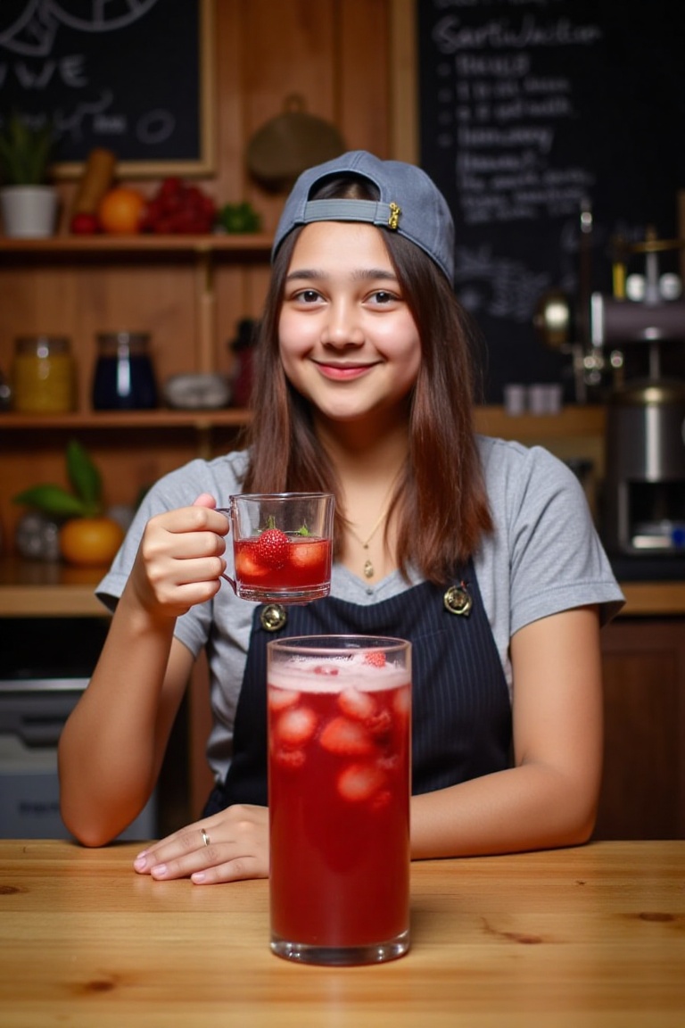 A sarti cheerful brewer stands proudly behind a,  mug of strawberry juice in a cozy juicer setting. The scene is vibrant a...