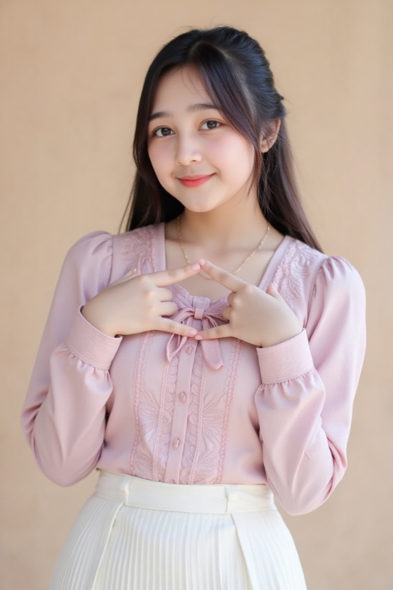 A cute sarti,  smiling sweetly while forming a heart shape with her hands. She is wearing a trendy pastel pink blouse with...