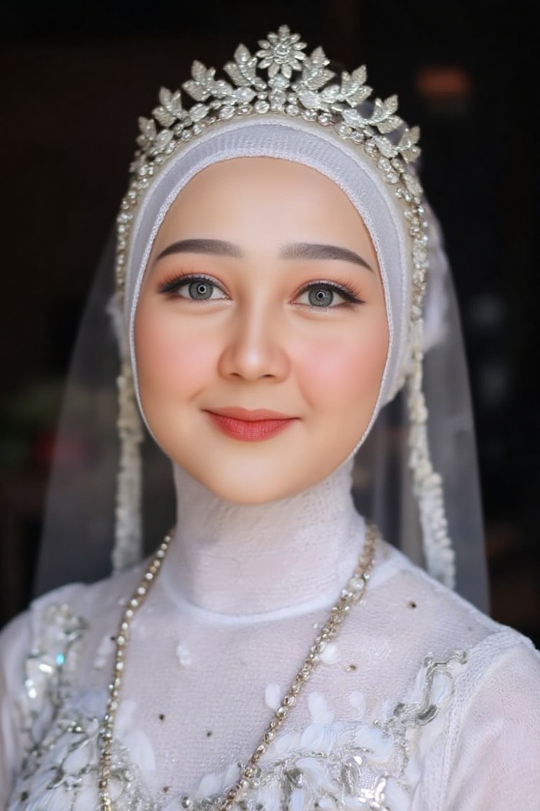 Close-up MUA photography of sarti,  a hijab woman with a white color themed outfit and a dark backdrop,  in the style of M...