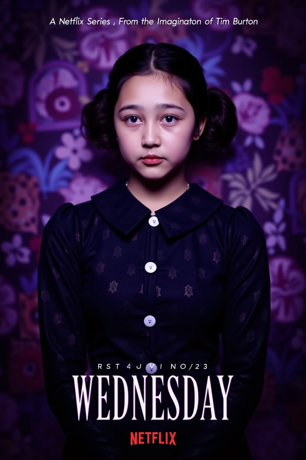 sarti,  A young woman with pale skin and dark hair styled in two pigtails stands against a wild,  purple-hued background....