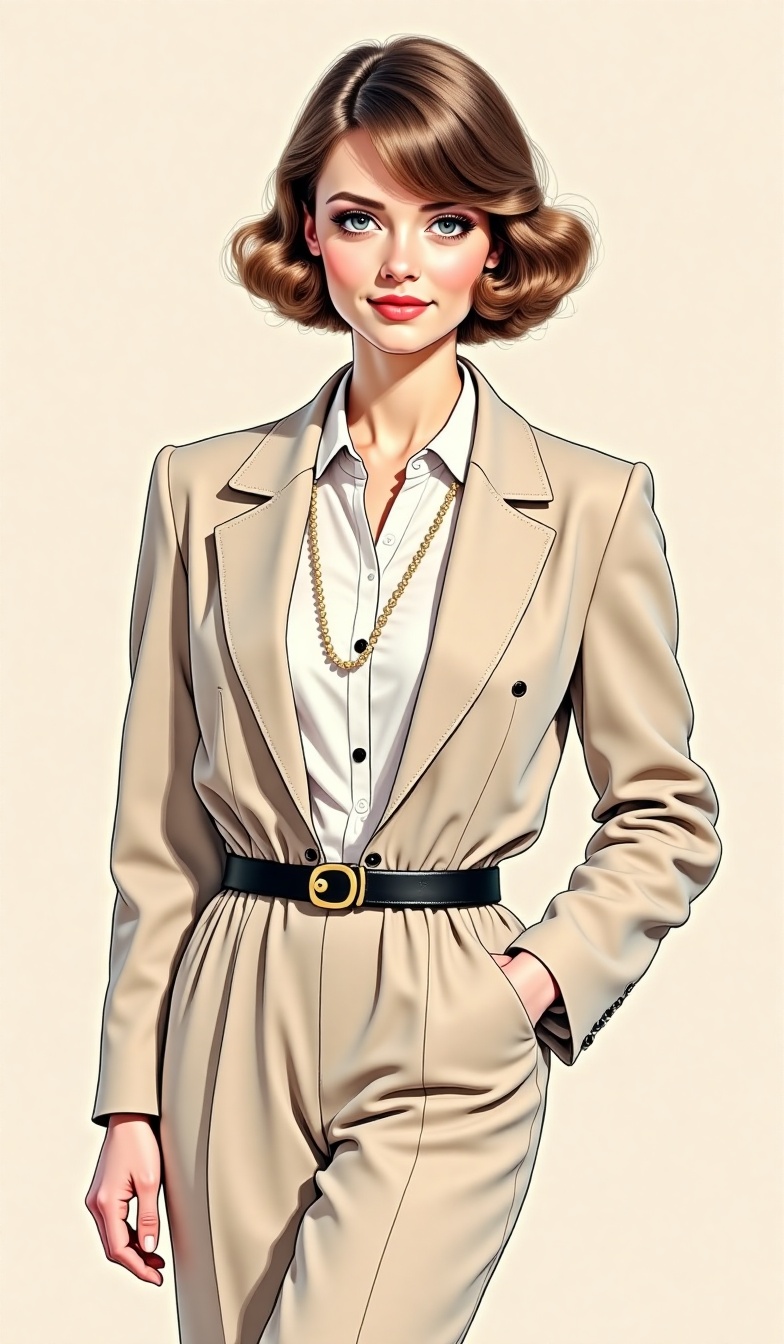 Draw in the style of an old children's book illustration. This prompt is for drawing a woman who loves vintage fashion. Sh...