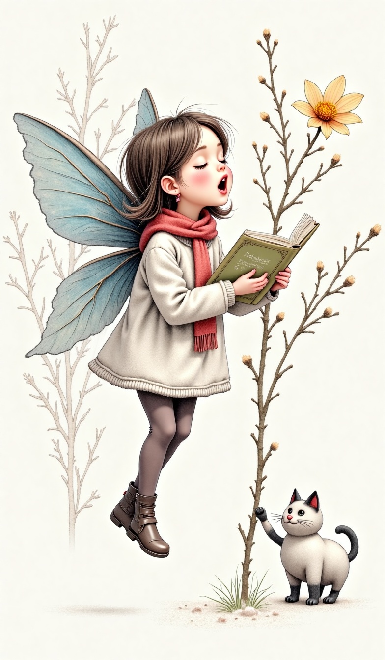 Drawing in rough sketch style. Singing fairy,  picture book,  snow flower on Tensor.Art