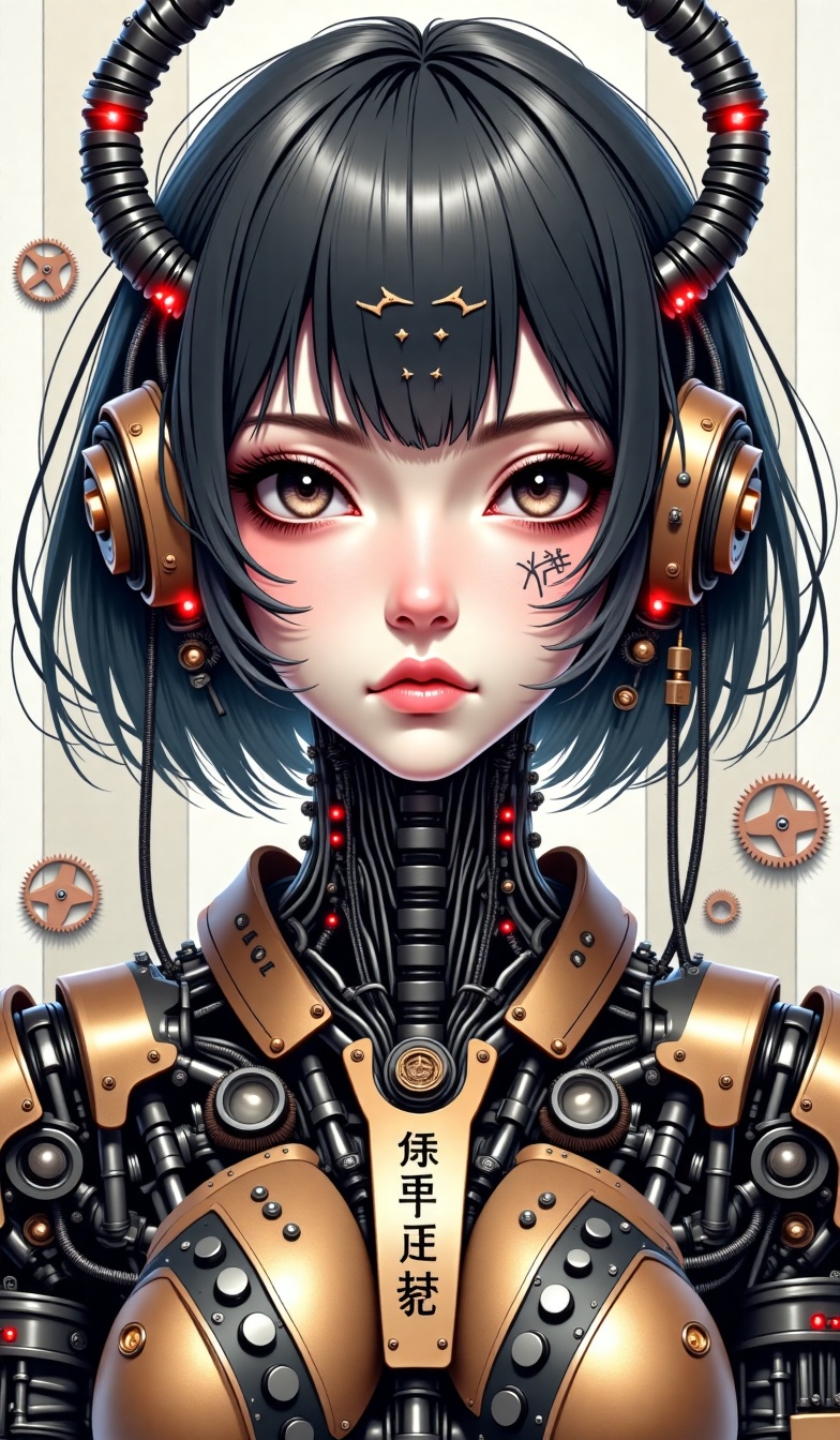 Highly detailed cyberpunk cyborg anime character sheet depicting a female character with intricate mechanical enhancements...