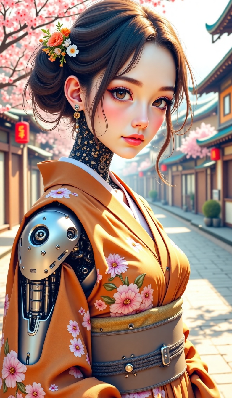Pastel anime style drawing of an elegant Japanese woman from the Taisho era. Dressed in a traditional kimono with an intri...