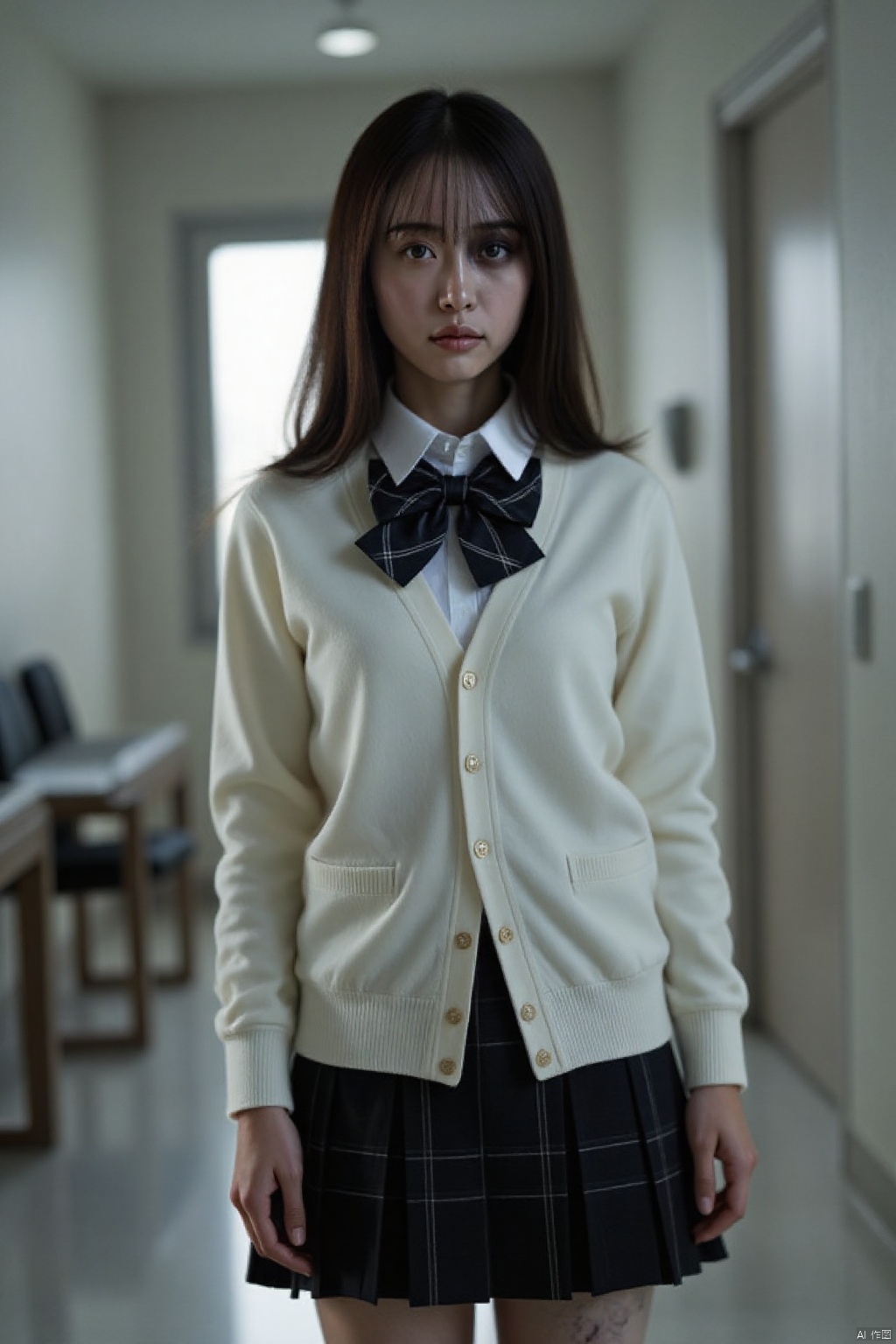 (global illumination, reality,ray tracing, HDR, unreal rendering, reasonable design, high detail, masterpiece,best quality, ultra high definition, movie lighting),
1girl, halfzombie, school uniform