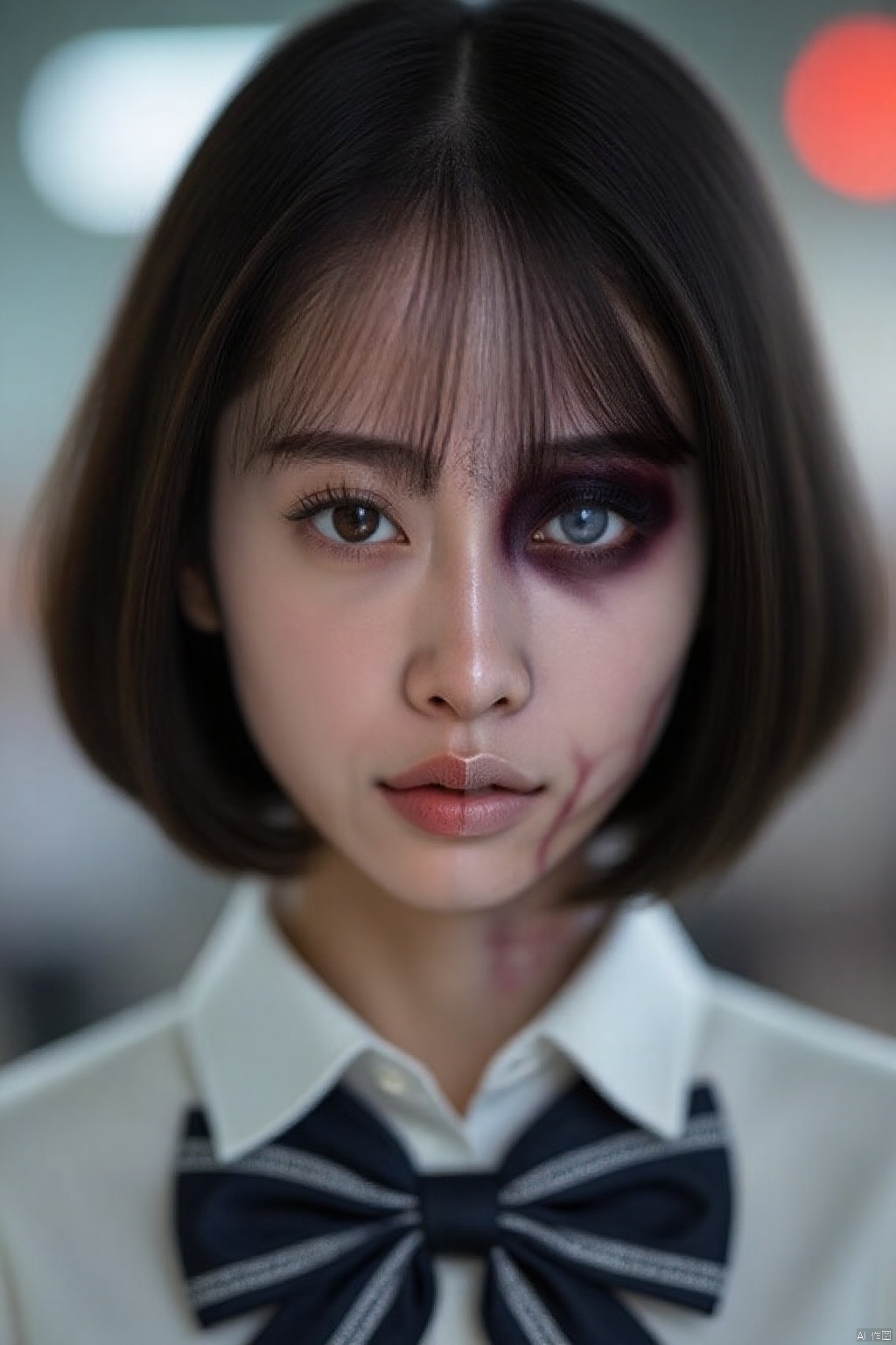 (global illumination, reality,ray tracing, HDR, unreal rendering, reasonable design, high detail, masterpiece,best quality, ultra high definition, movie lighting),
1girl, school uniform, student, sailor suit, halfzombie, makeup