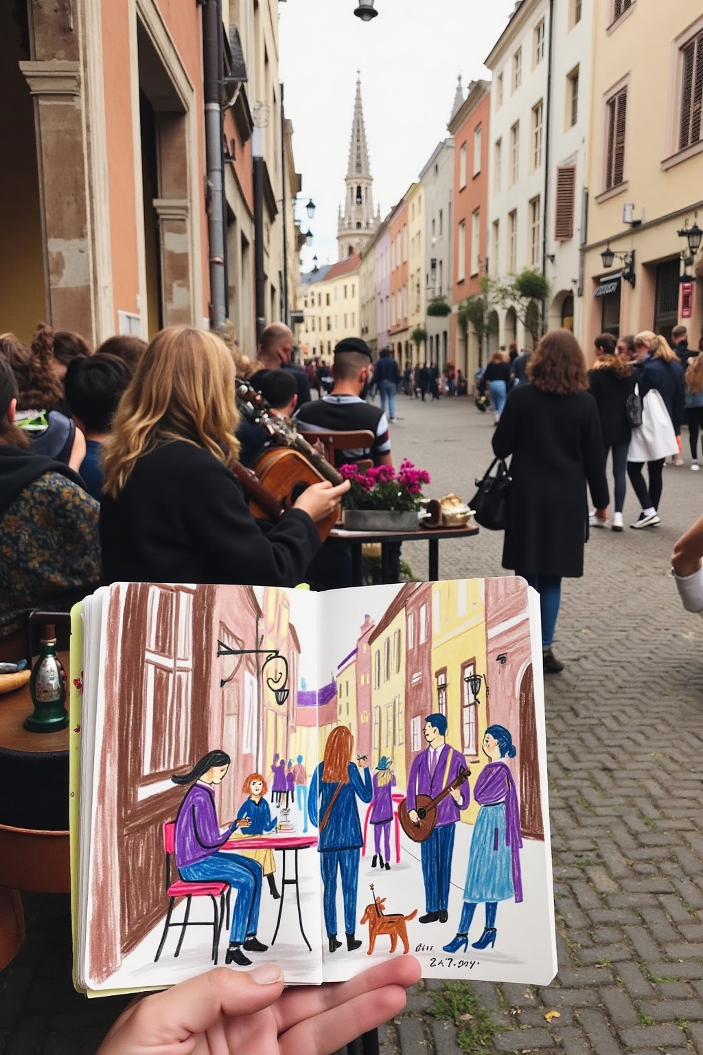 P1e!n,  realistic wide background capturing detailed street performers in vintage clothing playing acoustic instruments on...