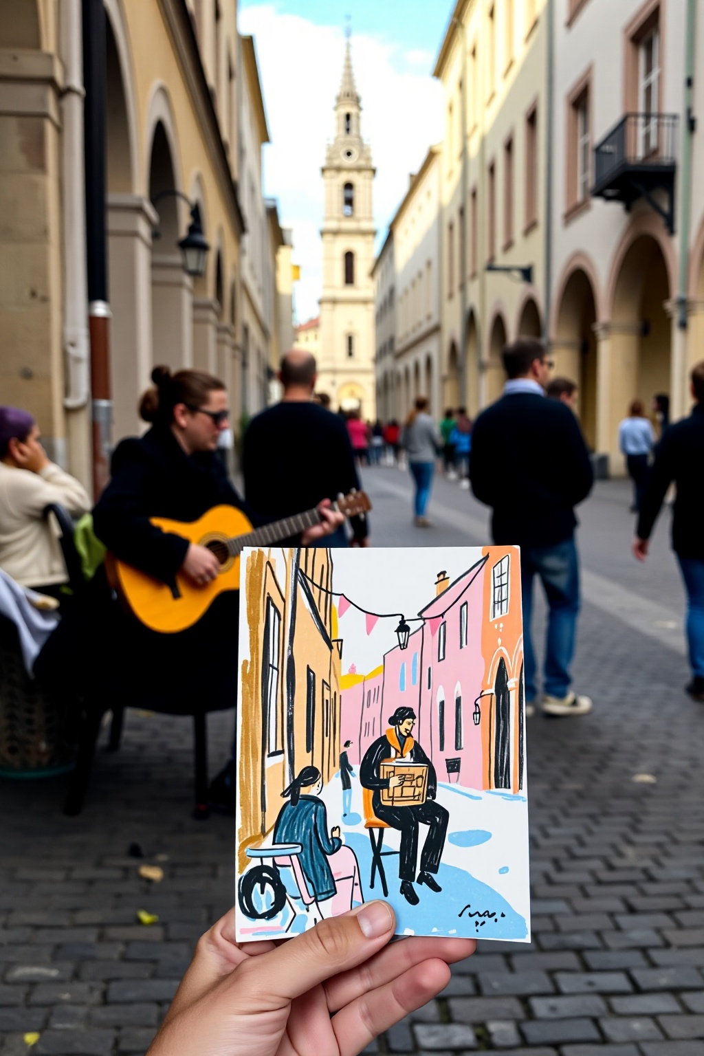 P1e!n,  realistic wide background capturing detailed street performers in vintage clothing playing acoustic instruments on...