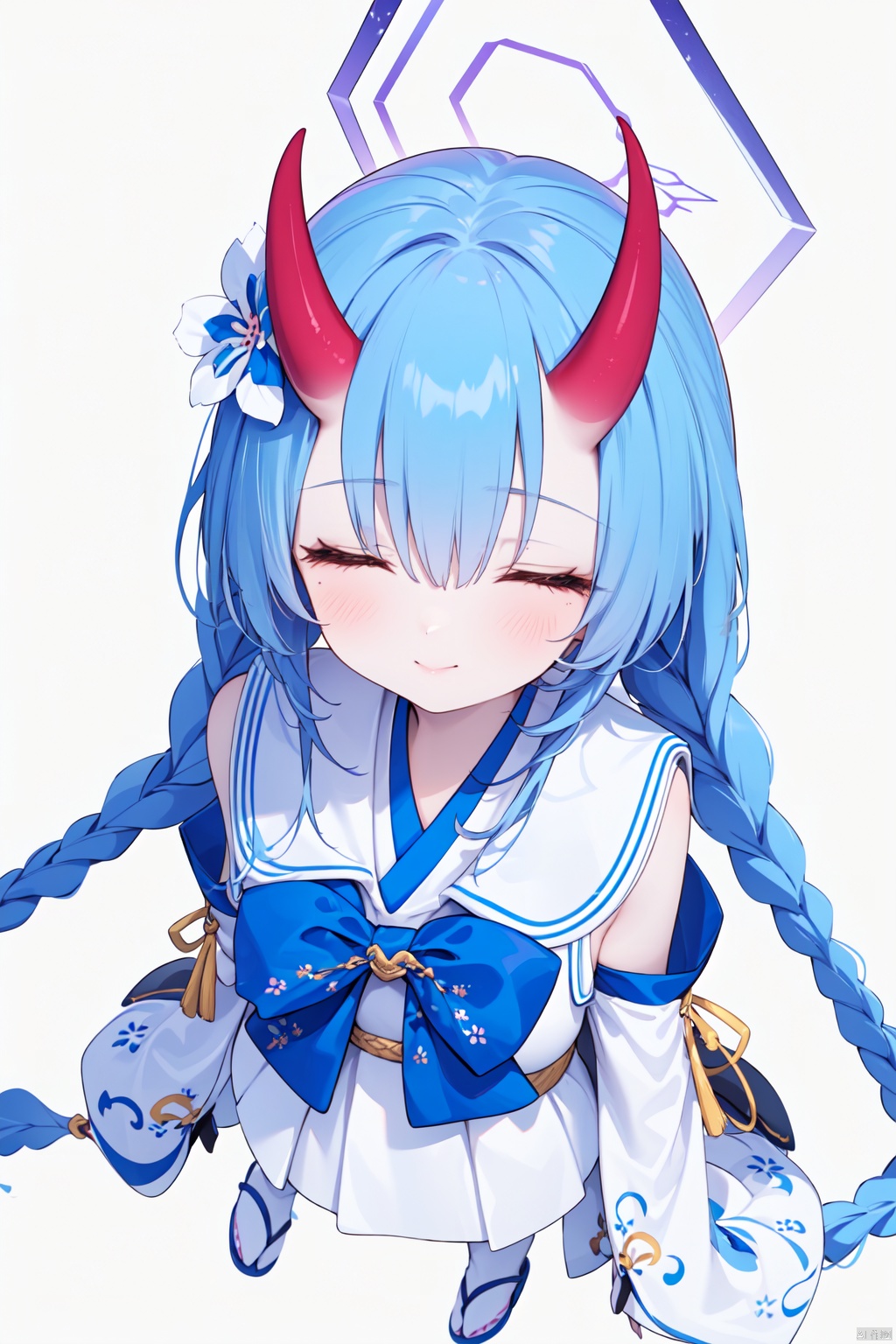 nai3, 1girl,solo,(masterpiece:1.3),( beautiful:1.2),(high quality:1.2),(finely detailed:1.2),extremely detailed CG unity 8k wallpaper,best quality,a very delicate and beautiful,perfect fingers,(one cute girl at the center:1.2), 
1girl, solo, long hair, blush, smile, simple background, hair ornament, white background,  from_above, hair between eyes, very long hair, closed mouth, blue hair, full body, closed eyes, braid, flower, detached sleeves, japanese clothes, horns, hair flower, twin braids, halo, oni horns, white sailor collar,chiseBA,
