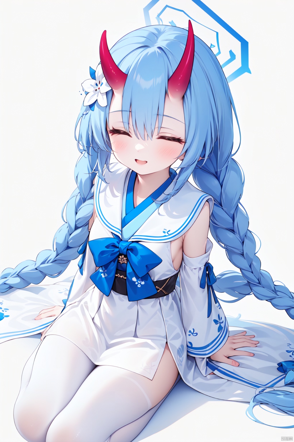 nai3, 1girl,solo,(masterpiece:1.3),( beautiful:1.2),(high quality:1.2),(finely detailed:1.2),extremely detailed CG unity 8k wallpaper,best quality,a very delicate and beautiful,perfect fingers,(one cute girl at the center:1.2), 
1girl, solo, long hair, blush, smile, simple background, hair ornament, white background, hair between eyes, very long hair, closed mouth, blue hair, full body, closed eyes, braid, flower, detached sleeves, japanese clothes, horns, hair flower, twin braids, halo, oni horns, white sailor collar,chiseBA, from_above