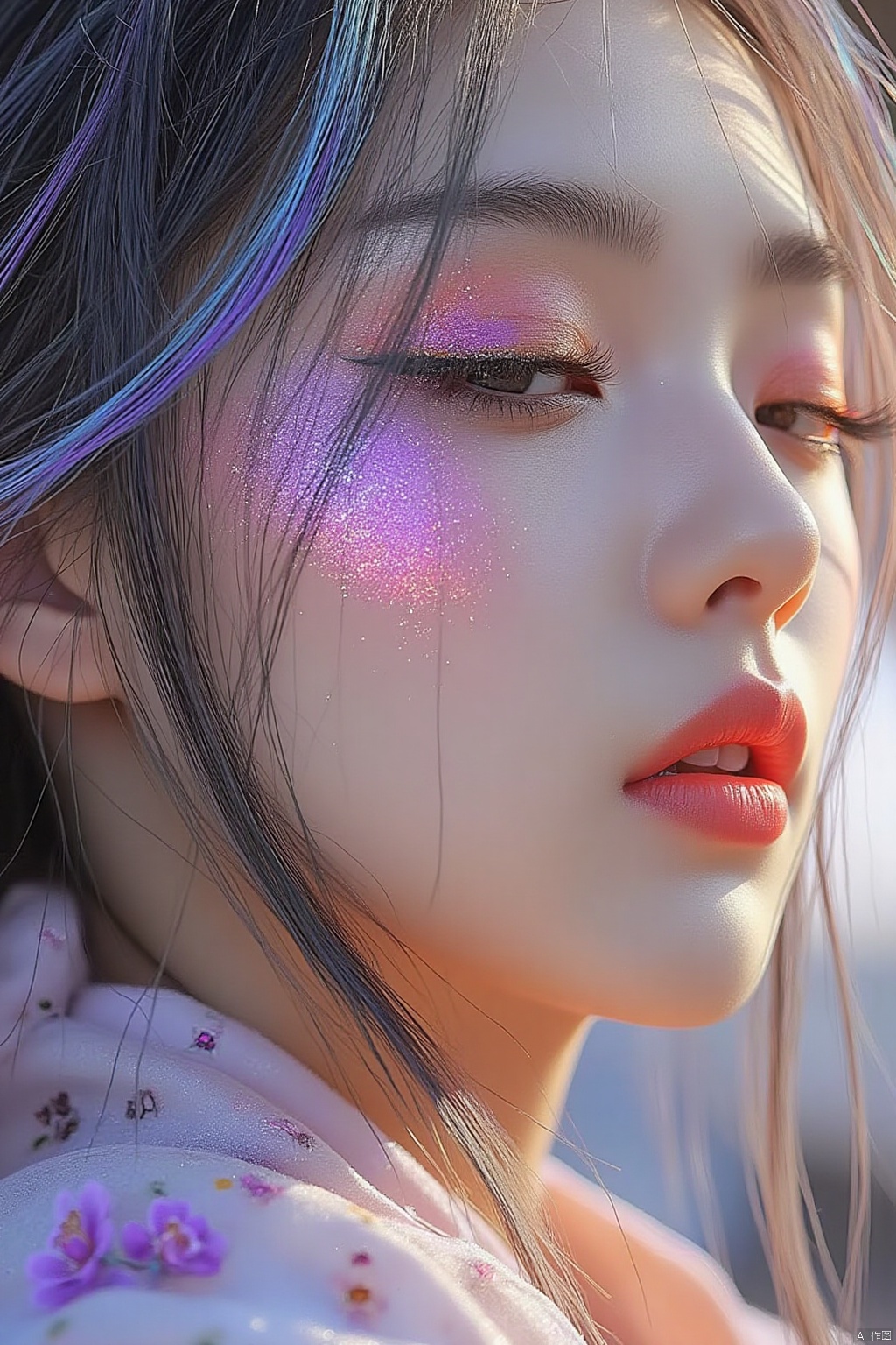 1girl, purple eye shadow, makeup, close-up,chinese,