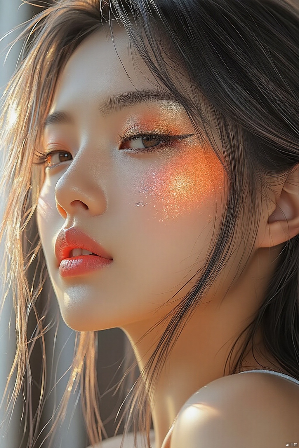 1girl, eye shadow, makeup, close-up,chinese,sunlight