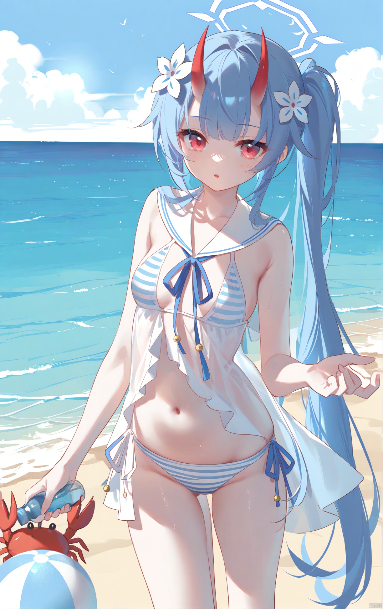 masterpiece,best quality,high quality,(colorful),[Artist miwano rag],[Artist toosaka asagi],[Artist wlop],[Artist chen bin],Artist omone hokoma agm, ((loli)),1girl, solo, long hair, breasts, looking at viewer, hair ornament, red eyes, navel, holding, blue hair, swimsuit, flower, bikini, small breasts, outdoors, horns, sky, day, striped, hair flower, sailor collar, side ponytail, see-through, ocean, halo, beach, bottle, ball, oni horns, striped bikini, white sailor collar, crab, ramune,chiseBA
