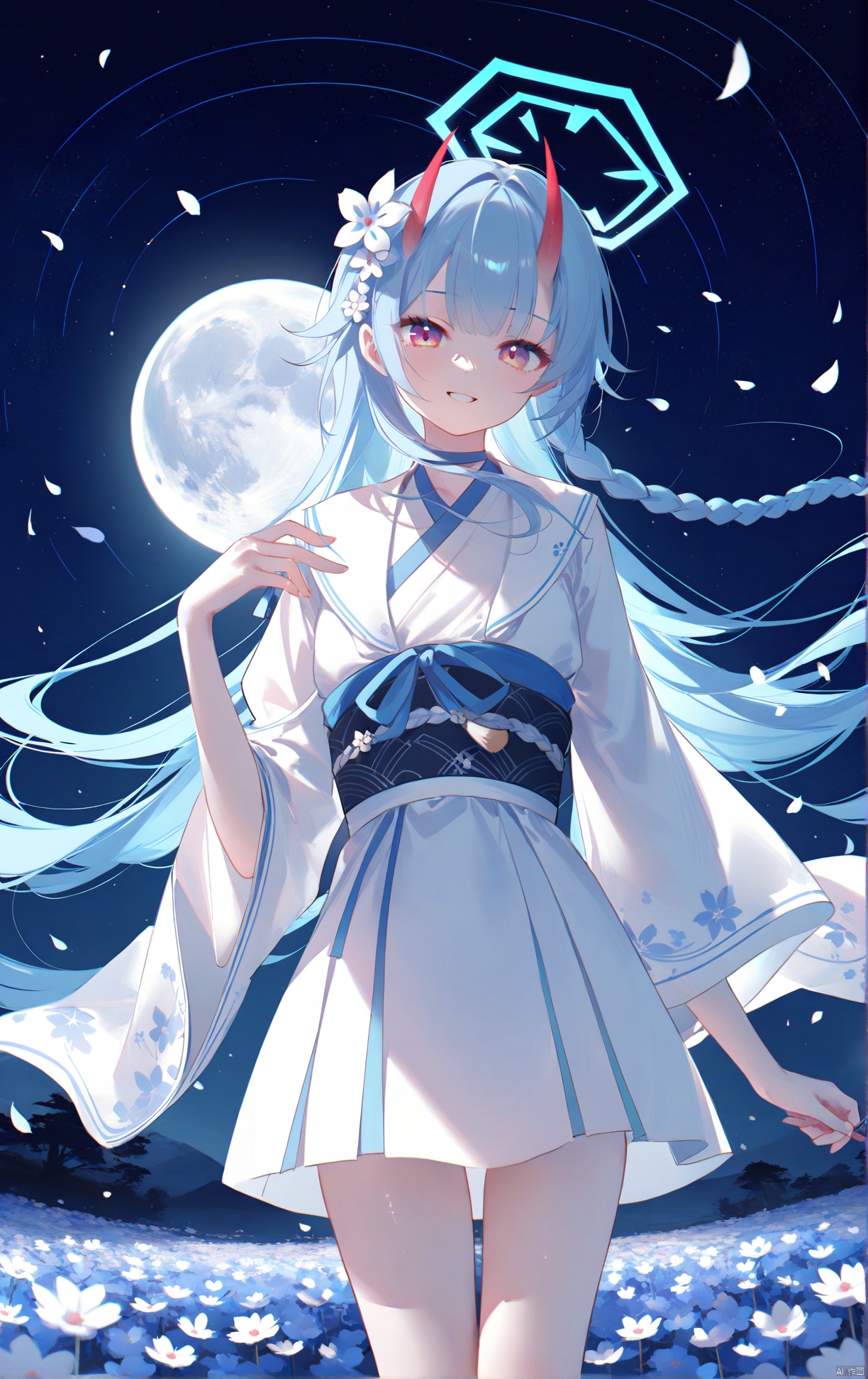 masterpiece,best quality,high quality,(colorful),[Artist miwano rag],[Artist toosaka asagi],[Artist wlop],[Artist chen bin],Artist omone hokoma agm, ((loli)),1girl, solo, long hair, looking at viewer, smile, hair ornament, blue hair, braid, flower, outdoors, detached sleeves, japanese clothes, horns, sky, hair flower, kimono, petals, night, halo, moon, star \(sky\), night sky, full moon, starry sky, oni horns, field, flower field,chiseBA