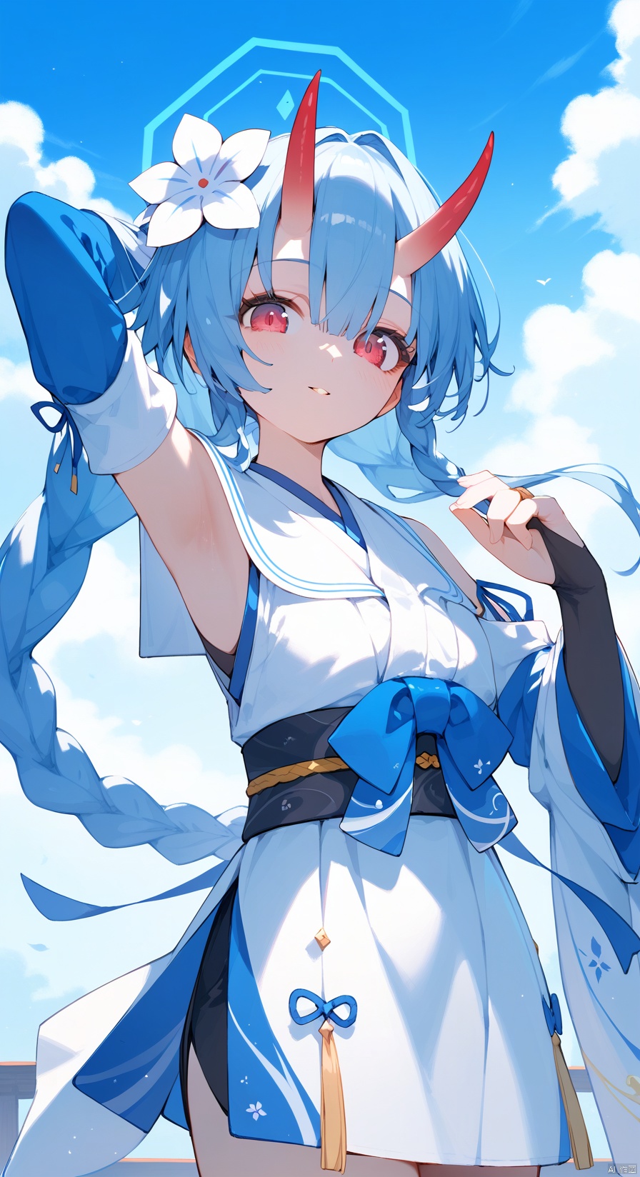(score_9,score_8_up,score_7_up), (masterpiece),( beautiful),(high quality),(finely detailed),extremely detailed CG unity 8k wallpaper,best quality, 
1girl, solo, long hair, looking at viewer, hair ornament, red eyes, hair between eyes, blue hair, braid, flower, detached sleeves, japanese clothes, horns, sky, cloud, hair flower, armpits, halo, oni horns,chiseBA