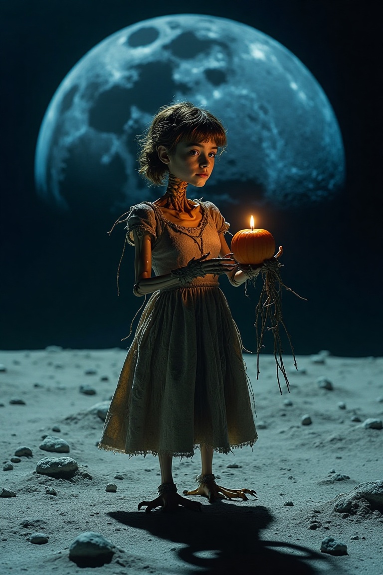 Moonlit eerie scene: Denise Richards,  a scarecrow-like humanoid with a bird skeleton body and dressed in matching attire,...