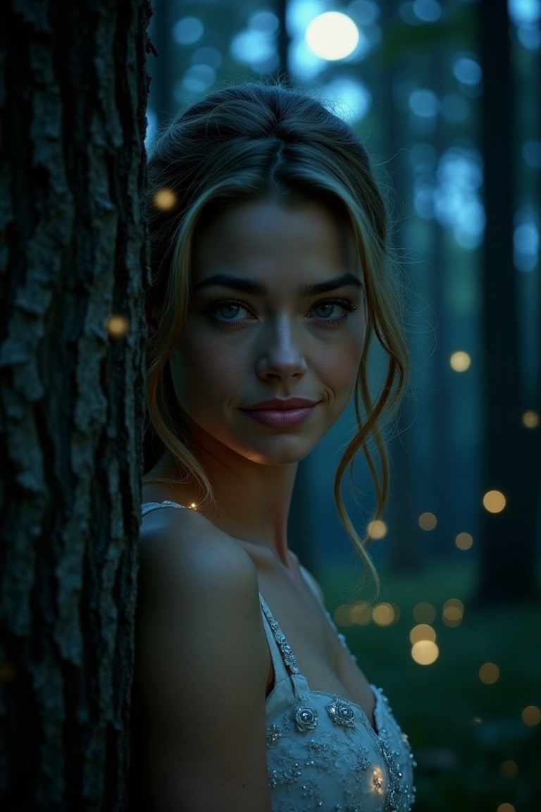 Hyper-realistic portrait of a mischievous looking,  beautiful woman (Denise Richards) with a slight smile,  peering out fr...
