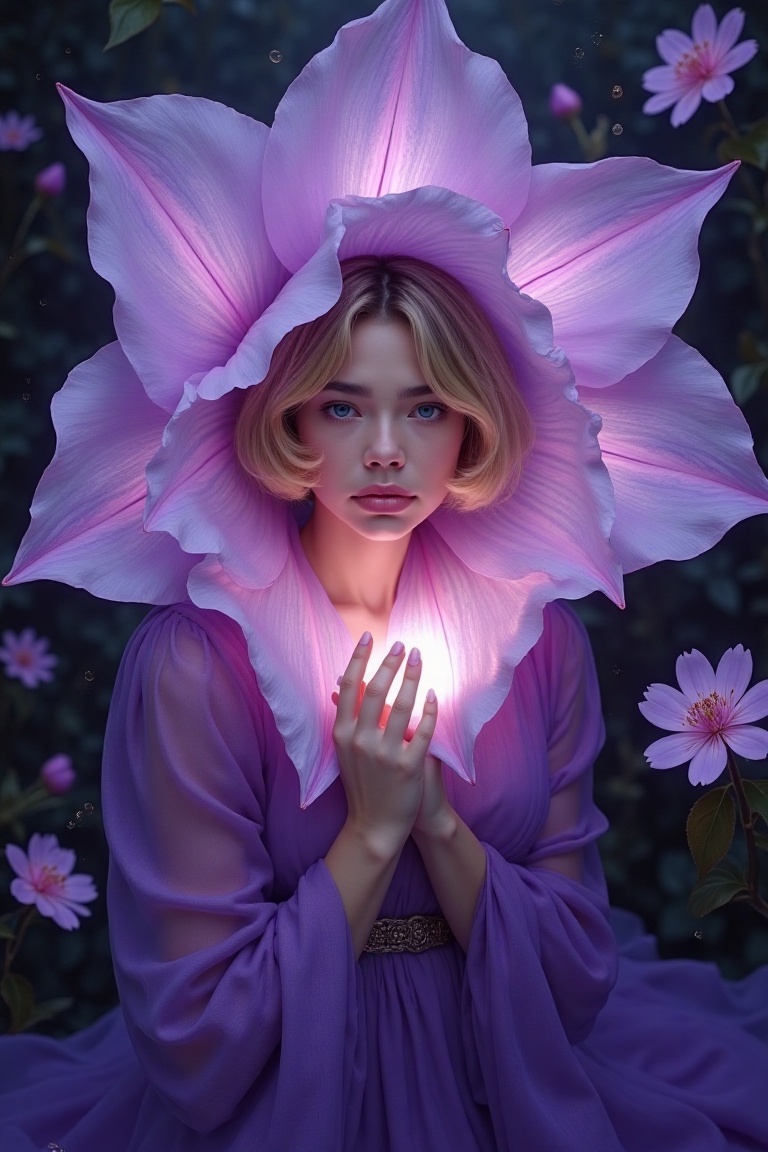 A whimsical digital painting unfolds: a luminous purple flower envelops a serene young woman (Denise Richards),  her fair...