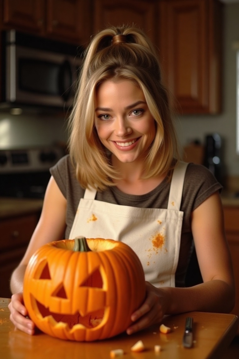 Denise Richards sits at a wooden kitchen table,  carving a Halloween pumpkin with a warm and inviting atmosphere. Her shou...