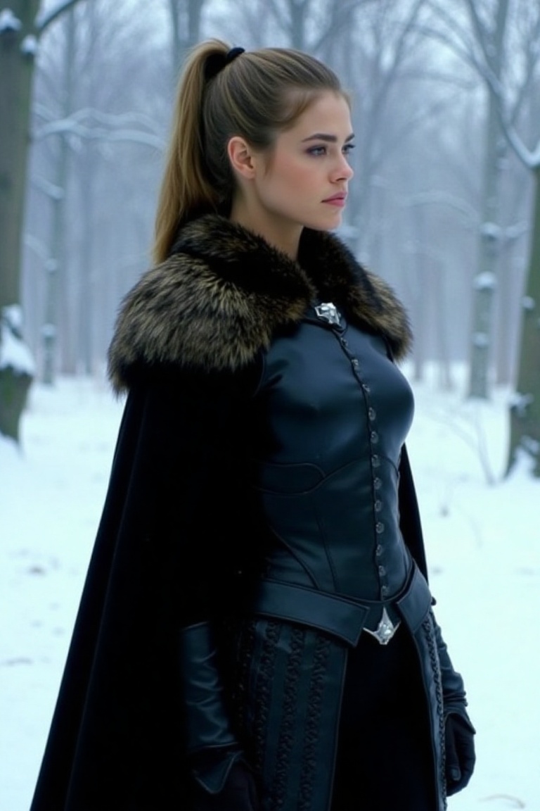 Denise Richards stands tall in a winter wonderland setting,  her long hair pulled back into a sleek bun. She wears a black...
