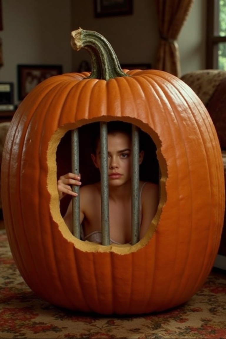 Denise Richards trapped inside a pumpkin with prison bars where the pumpkin's face would be. Behind them,  we see young Mi...