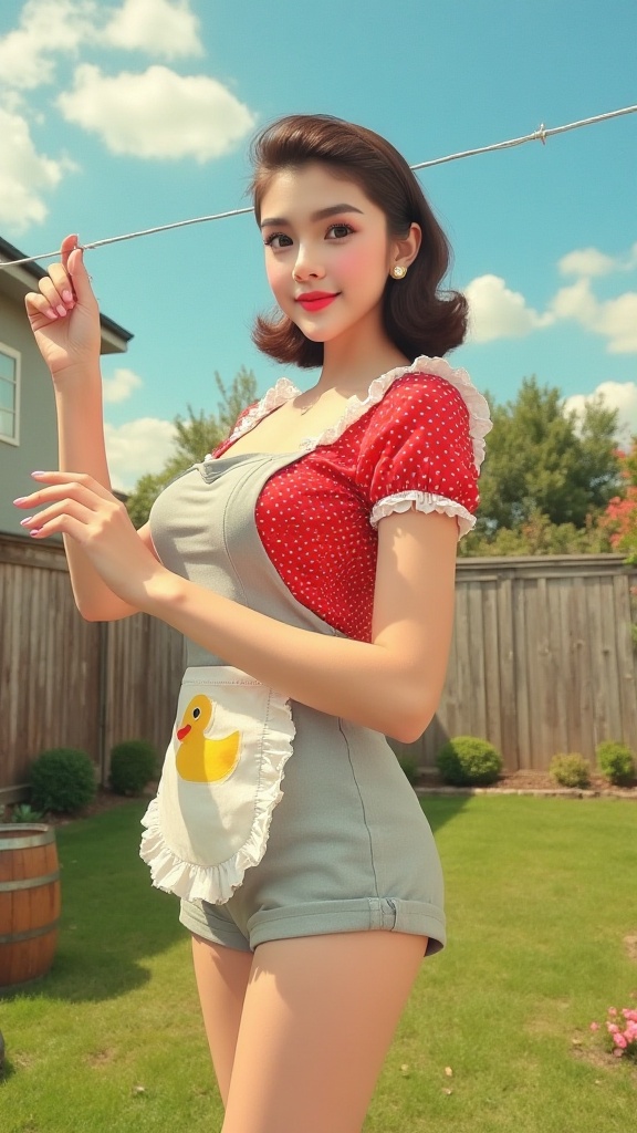 A young woman in her 20s-30s,  with light brown hair styled in a side profile,  stands in a backyard on a bright sunny day...