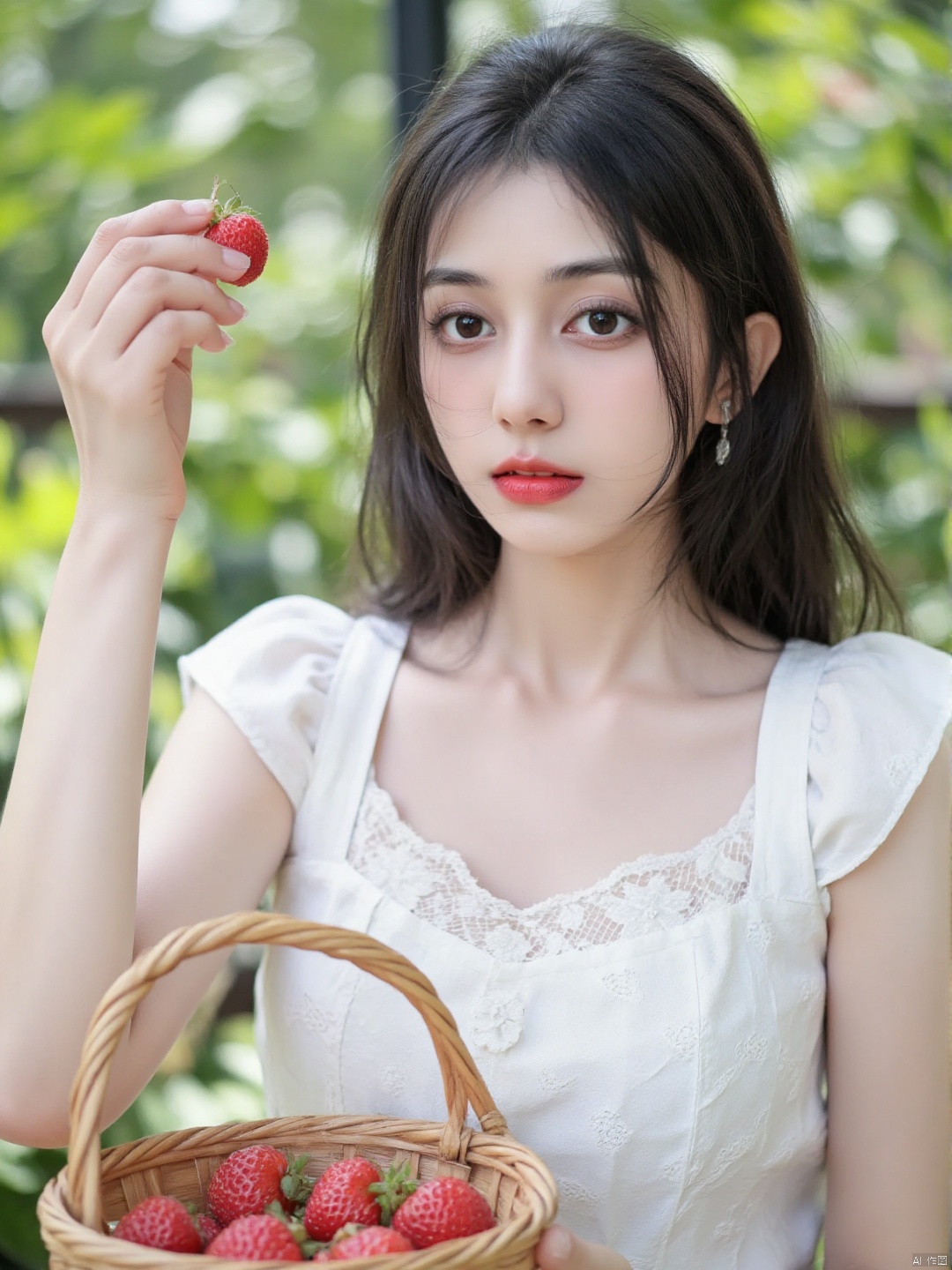 a young Asian woman with long dark hair, wearing a white lace sleeveless dress. Her right hand hoding a stawberry is raised in the air, adding a touch of balance to her face. Her right hand is holding a basket filled with stawberries. Creating a peaceful and natural scene.