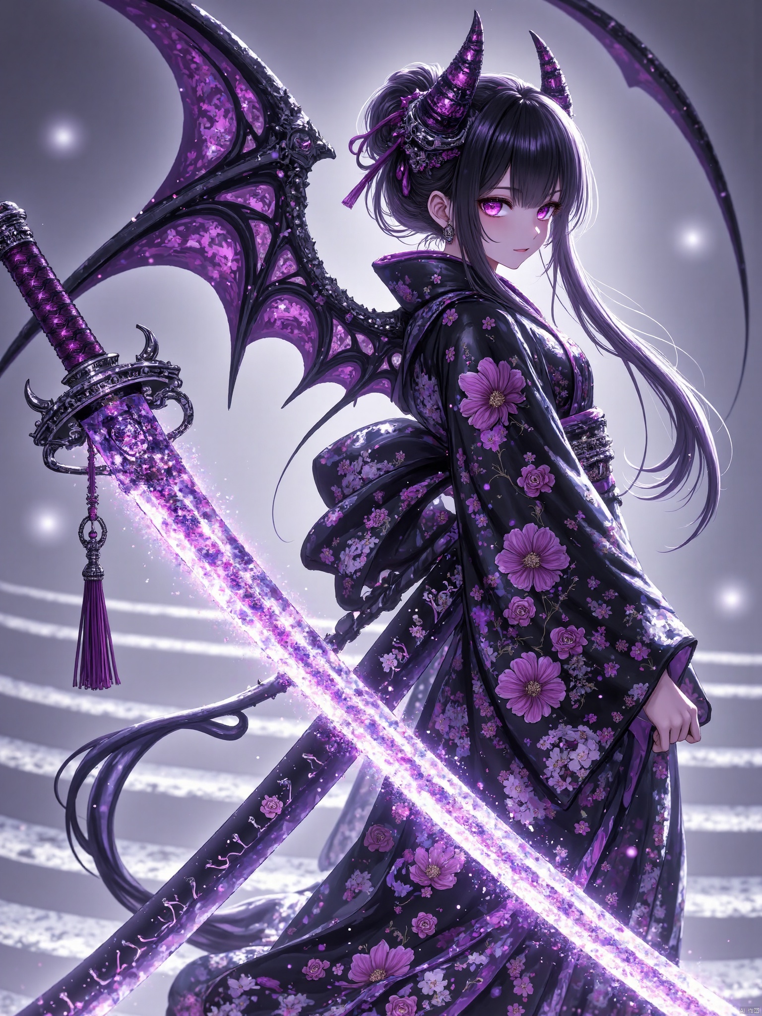 1girl, solo, long hair, looking at viewer, bangs, black hair, hair ornament, long sleeves, jewelry, closed mouth, standing, purple eyes, weapon, purple hair, multicolored hair, earrings, outdoors, frills, japanese clothes, wings, horns, sky, pointy ears, sword, wide sleeves, pink eyes, kimono, floral print, katana, demon horns, sheath, tassel, demon wings, ice, sheathed, crystal, stairs, black kimono