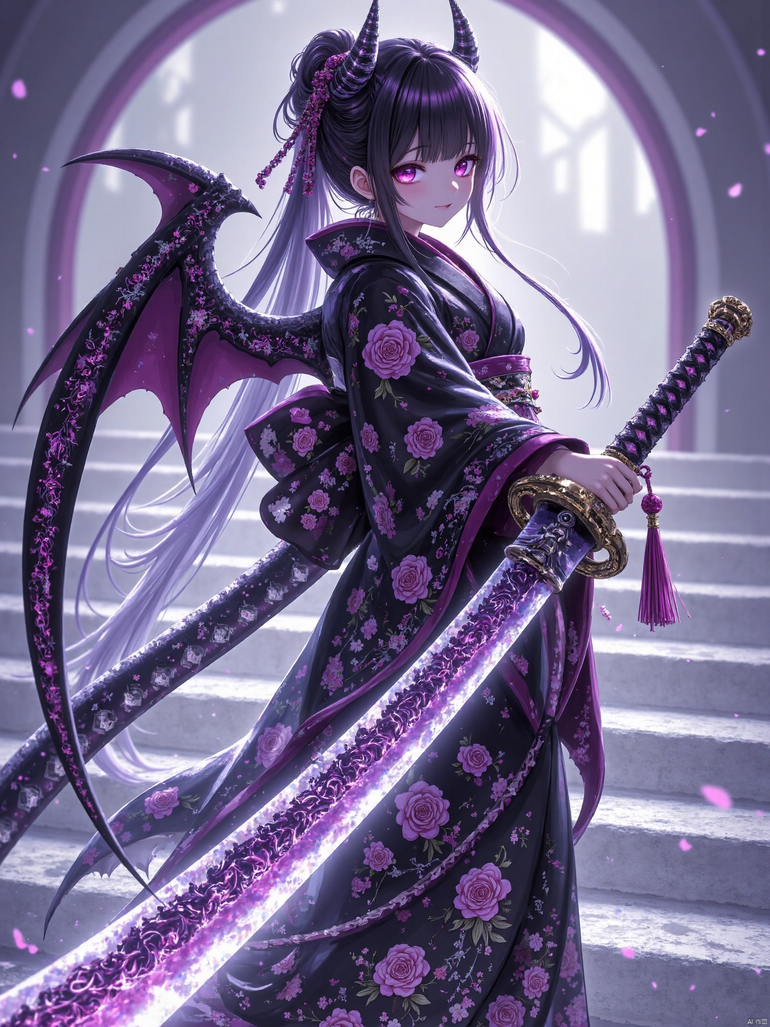 1girl, solo, long hair, looking at viewer, bangs, black hair, hair ornament, long sleeves, jewelry, closed mouth, standing, purple eyes, weapon, purple hair, multicolored hair, earrings, outdoors, frills, japanese clothes, wings, horns, sky, pointy ears, sword, wide sleeves, pink eyes, kimono, floral print, katana, demon horns, sheath, tassel, demon wings, ice, sheathed, crystal, stairs, black kimono