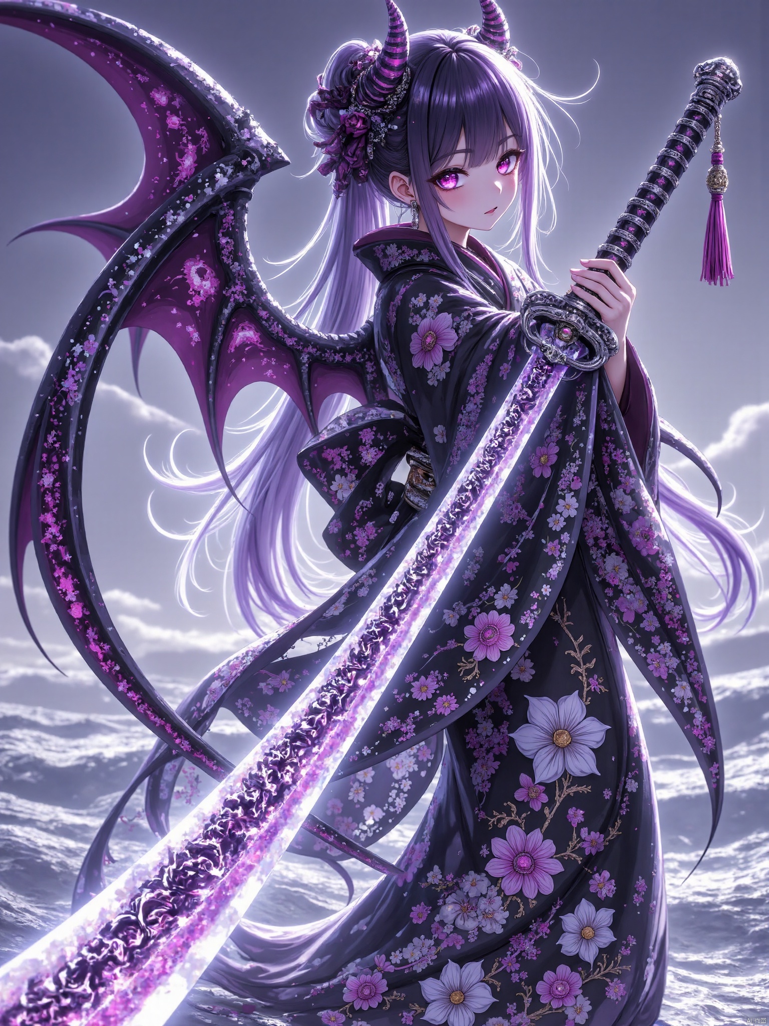 1girl, solo, long hair, looking at viewer, bangs, black hair, hair ornament, long sleeves, jewelry, closed mouth, standing, purple eyes, weapon, purple hair, multicolored hair, earrings, outdoors, frills, japanese clothes, wings, horns, sky, pointy ears, sword, wide sleeves, pink eyes, kimono, floral print, katana, demon horns, sheath, tassel, demon wings, ice, sheathed, crystal, stairs, black kimono