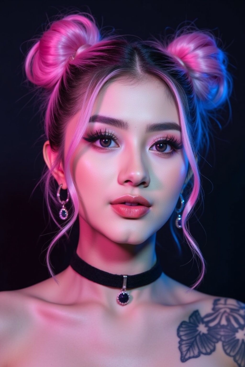 A young,  pale-skinned chick with pink and blue hair in two buns flaunts dark makeup,  with dramatic black eyeliner and bo...
