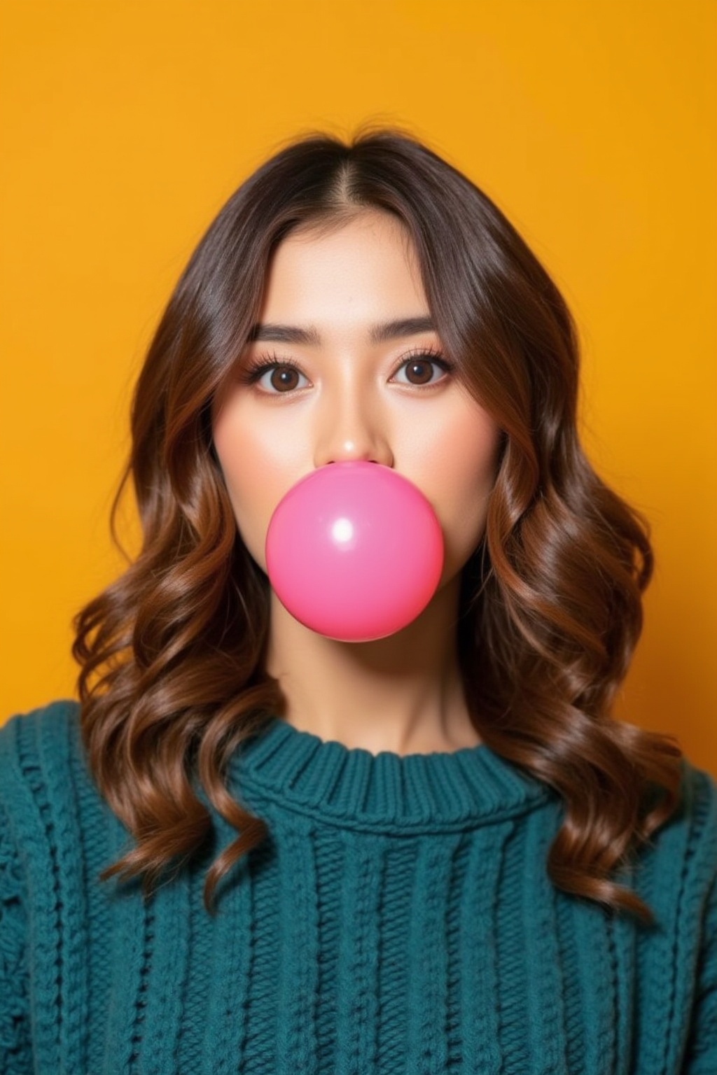 A young woman with long wavy hair and fair skin is popping a bright pink bubble gum bubble. Her eyes are wide open,  givin...