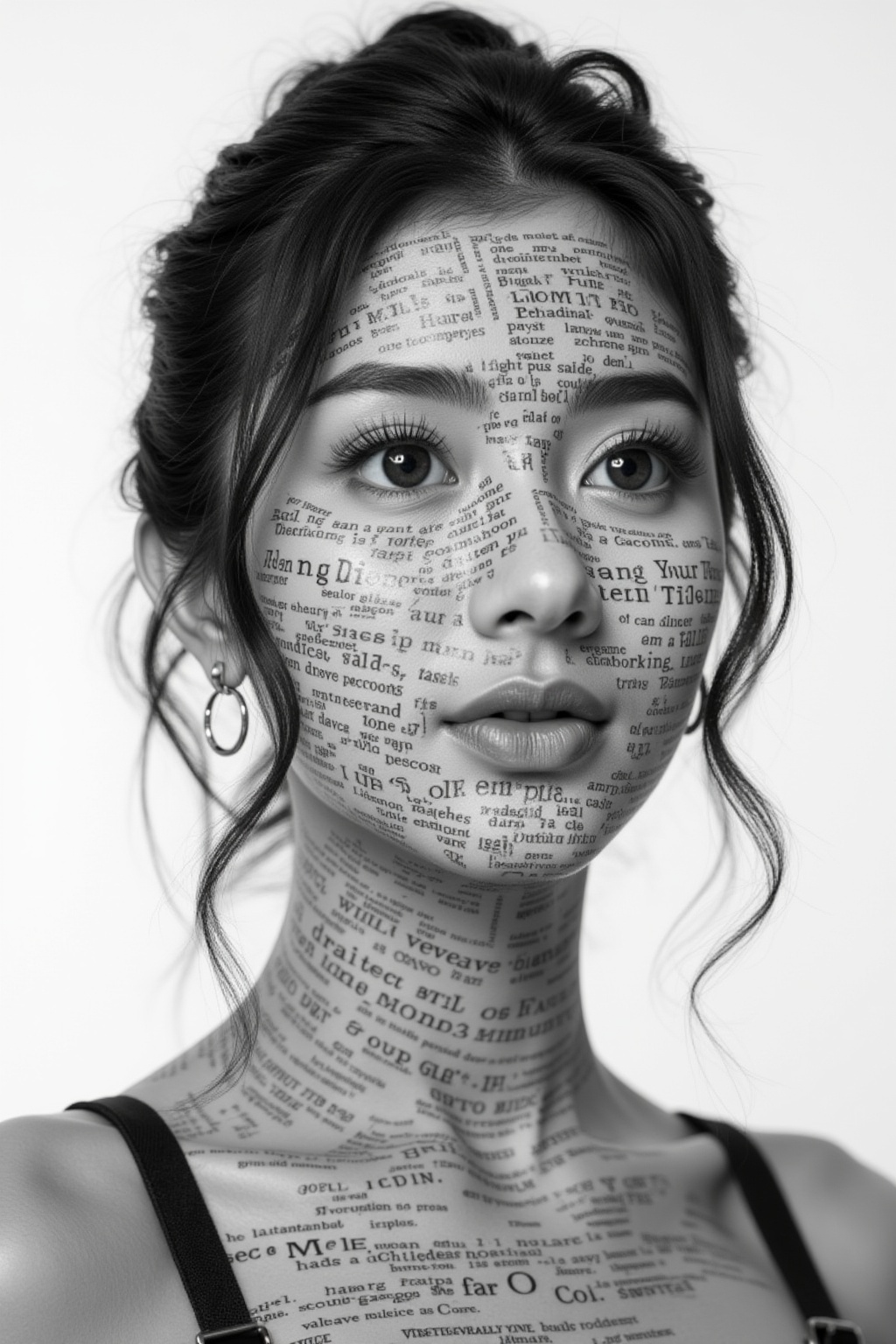 A black-and-white pic of a chick with dark,  wild hair and a face covered in a mess of text. Her skin looks smooth and her...