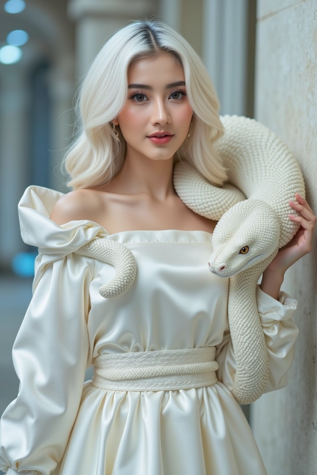 A surreal and hyper-realistic scene featuring a classical beauty dressed in a flowing white silk gown,  accompanied by a m...