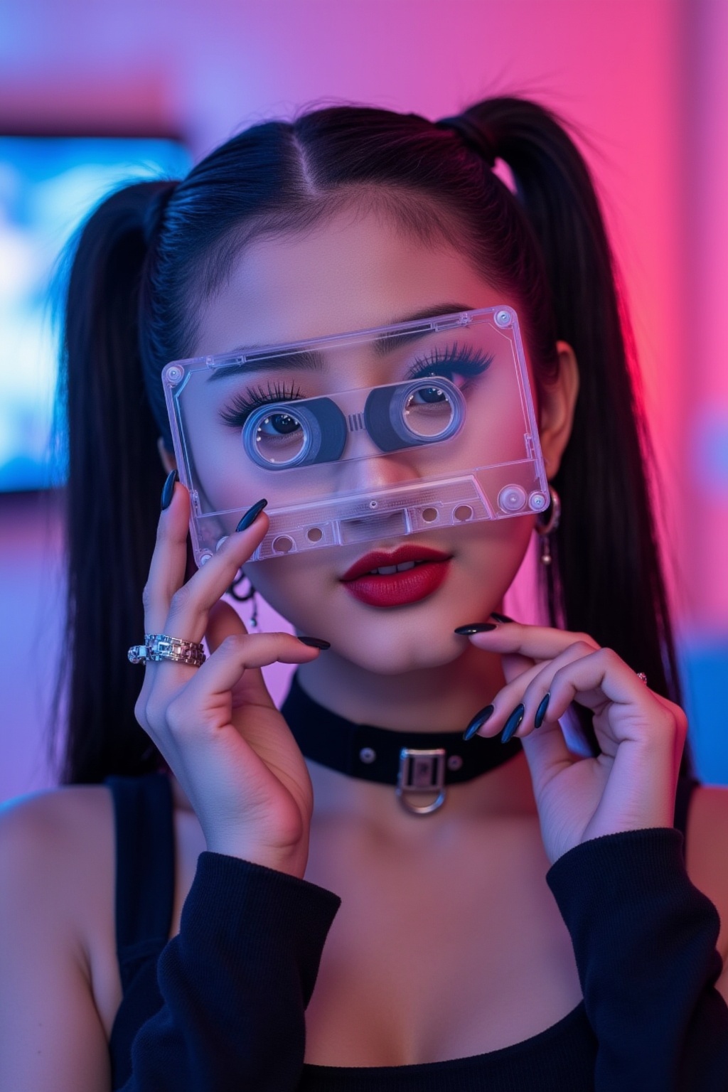 A young Asian chick with pale skin rocks two pigtails and a black choker with a metal ring. Her bold makeup features thick...