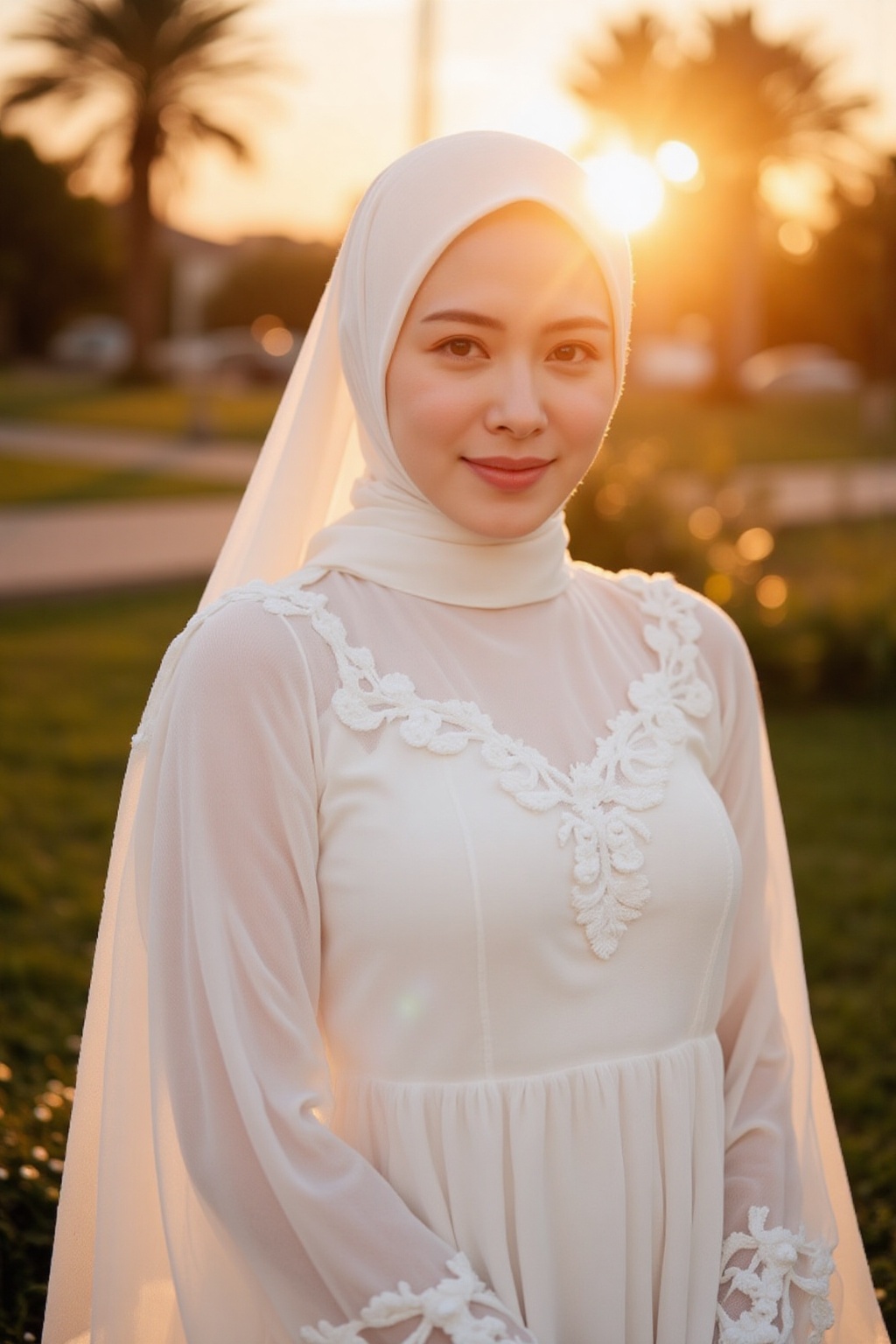 A woman stands bathed in the warm glow of a setting sun. She is wearing a simple yet elegant white hijab that drapes grace...