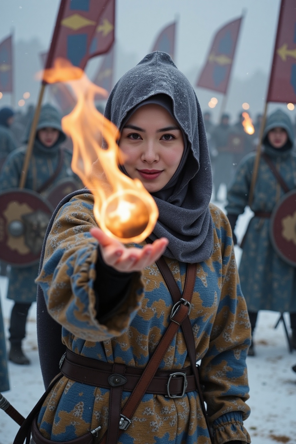 intensely focused woman warrior with hijab hurling a burning meteorite from her hand towards the viewer,  the glowing sphe...