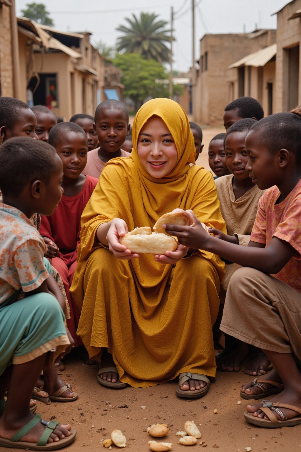 A woman with a kind face,  wearing a vibrant yellow headscarf,  is kneeling on the ground on Tensor.Art